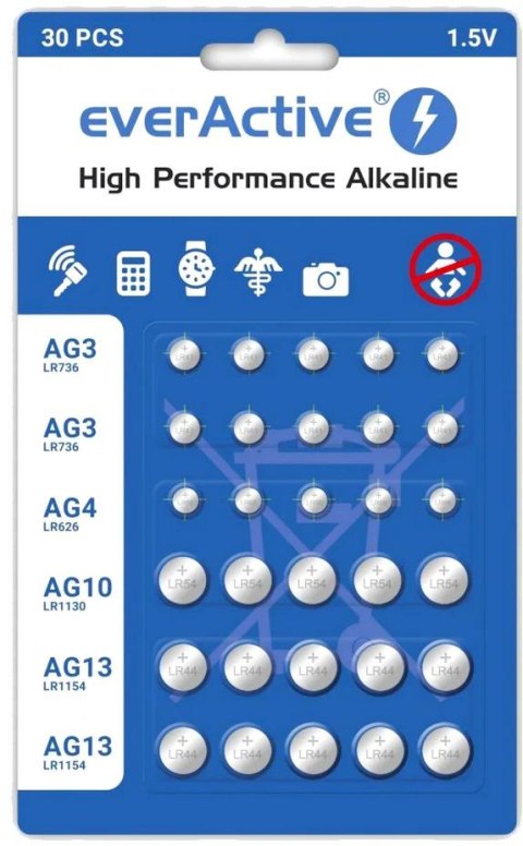 Zestaw 30 baterii 1,5V 10x AG3 / LR41 5x AG4 / LR626 5x AG10 / LR1130 10x AG13 / LR1154 everActive