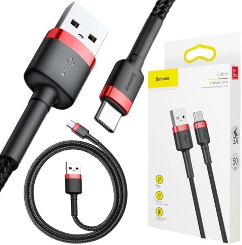 KABEL USB-A -> USB-C Baseus Cafule CATKLF-A91 50cm 3A QC 3.0 CZARNO-CZERWONY W OPLOCIE